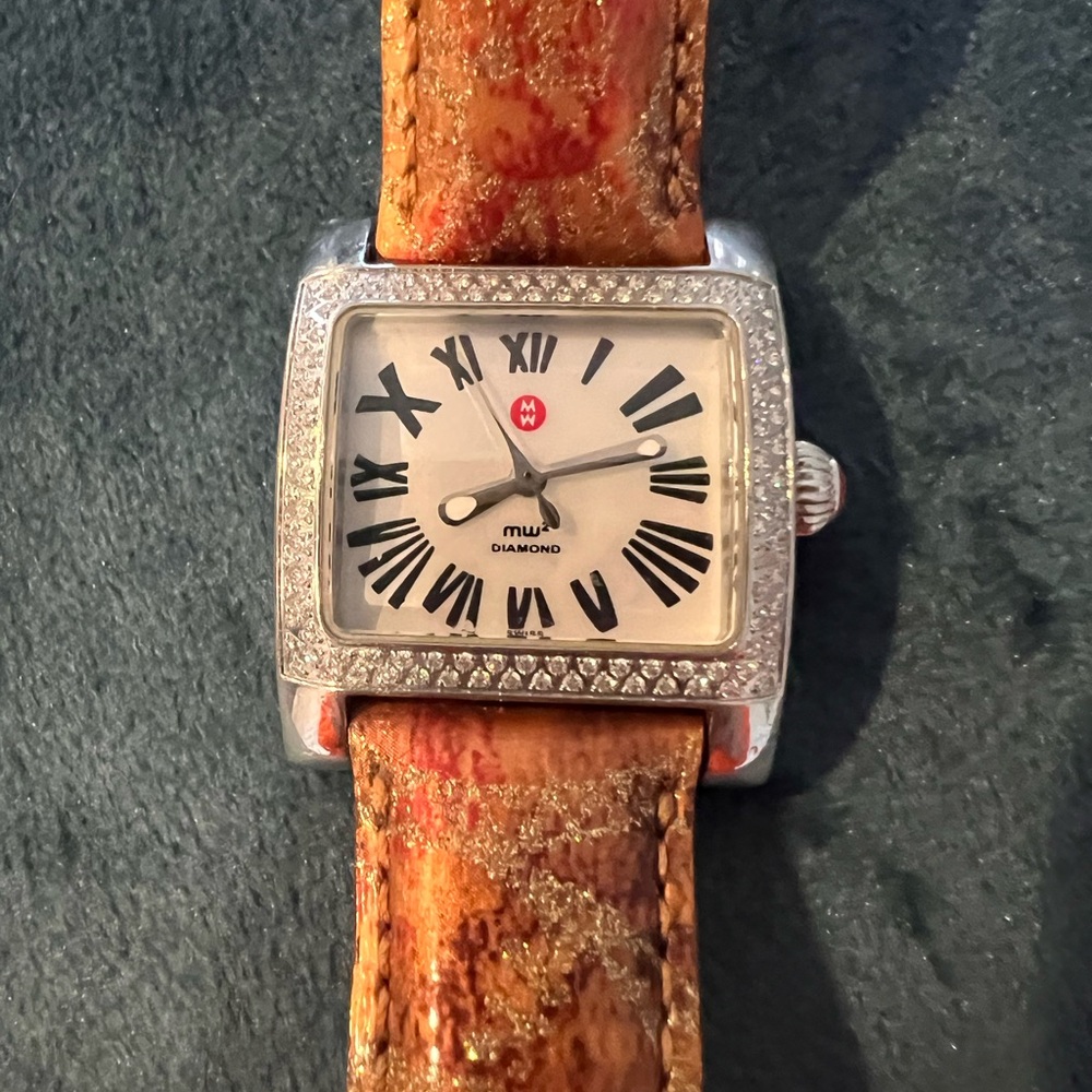 Michele watch with diamond bezel, stainless steel, 2mm band